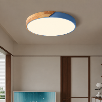 LED плафон NORDIC SKY – синьо и естествено дърво, 33W, Ø500 мм, 3 цветни температури