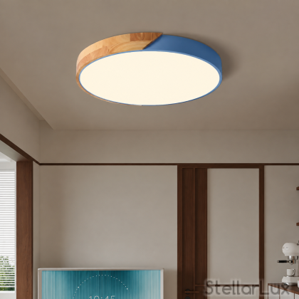 LED плафон NORDIC SKY – синьо и естествено дърво, 33W, Ø500 мм, 3 цветни температури