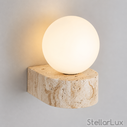 Стенен аплик TRAVERTINE GLOBE – естествен травертин и бяла стъклена сфера