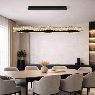 AQUA WAVE – Луксозен линеен LED полилей за трапезария, черен, 130 см, 90W, 3000K