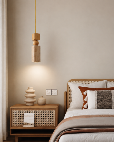 Пендел TERRA SCULPT – естествен травертин и дърво, E27, 65×280 мм