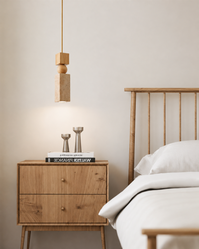 Пендел TERRA SCULPT – естествен травертин и дърво, E27, 65×280 мм