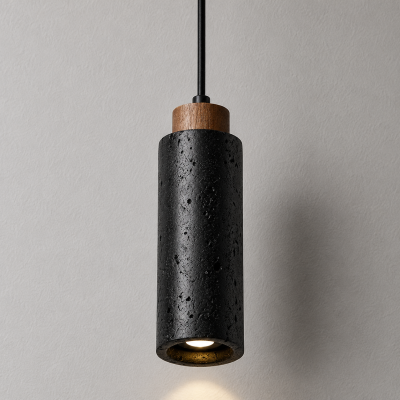 Пендел NOIR WOOD – черен травертин и естествено дърво, E27, Ø65 × H185 мм