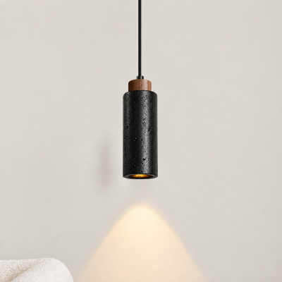 Пендел NOIR WOOD – черен травертин и естествено дърво, E27, Ø65 × H185 мм