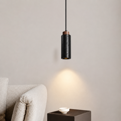 Пендел NOIR WOOD – черен травертин и естествено дърво, E27, Ø65 × H185 мм