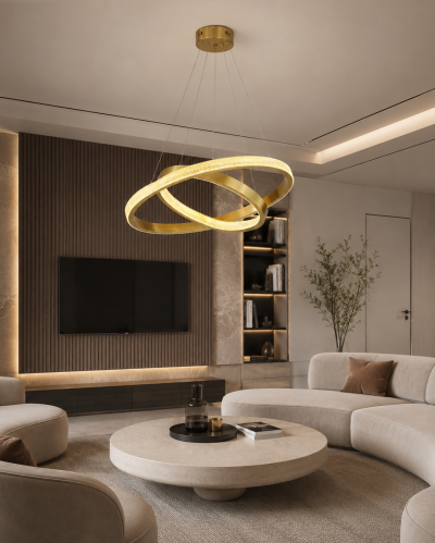 Дизайнерски LED полилей AURELIA DUO – злато, Ø60 + Ø40 см, 42W, 3000K