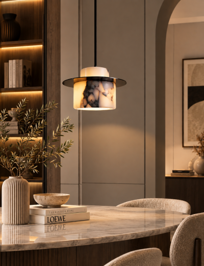 Дизайнерски пендел MARBLE HALO – естествен мрамор, Ø20 см, E27