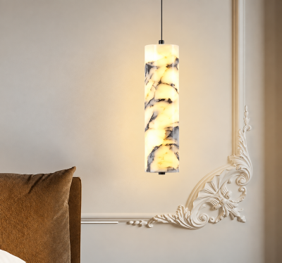 Мраморен пендел ALABASTER GLOW – естествен мрамор, Ø60 × H250 мм, E27