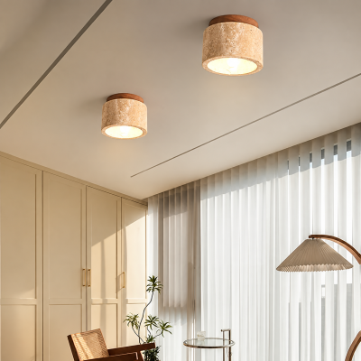 Таванен спот TRAVERTINO WOOD – естествен травертин и дърво, E27 | 15 × 10 см